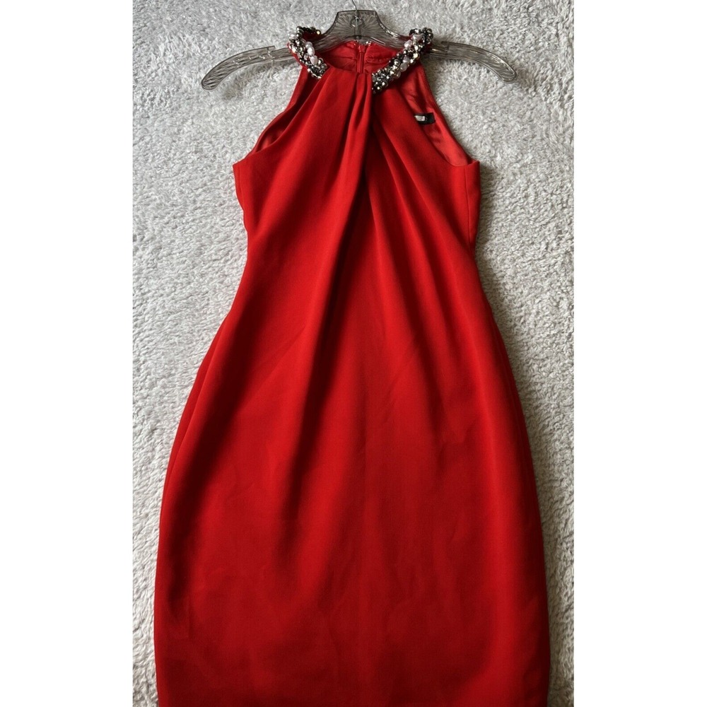 Carmen Marc‎ Valvo Dress Sz 0 Red Sheath Beaded Accent Choker